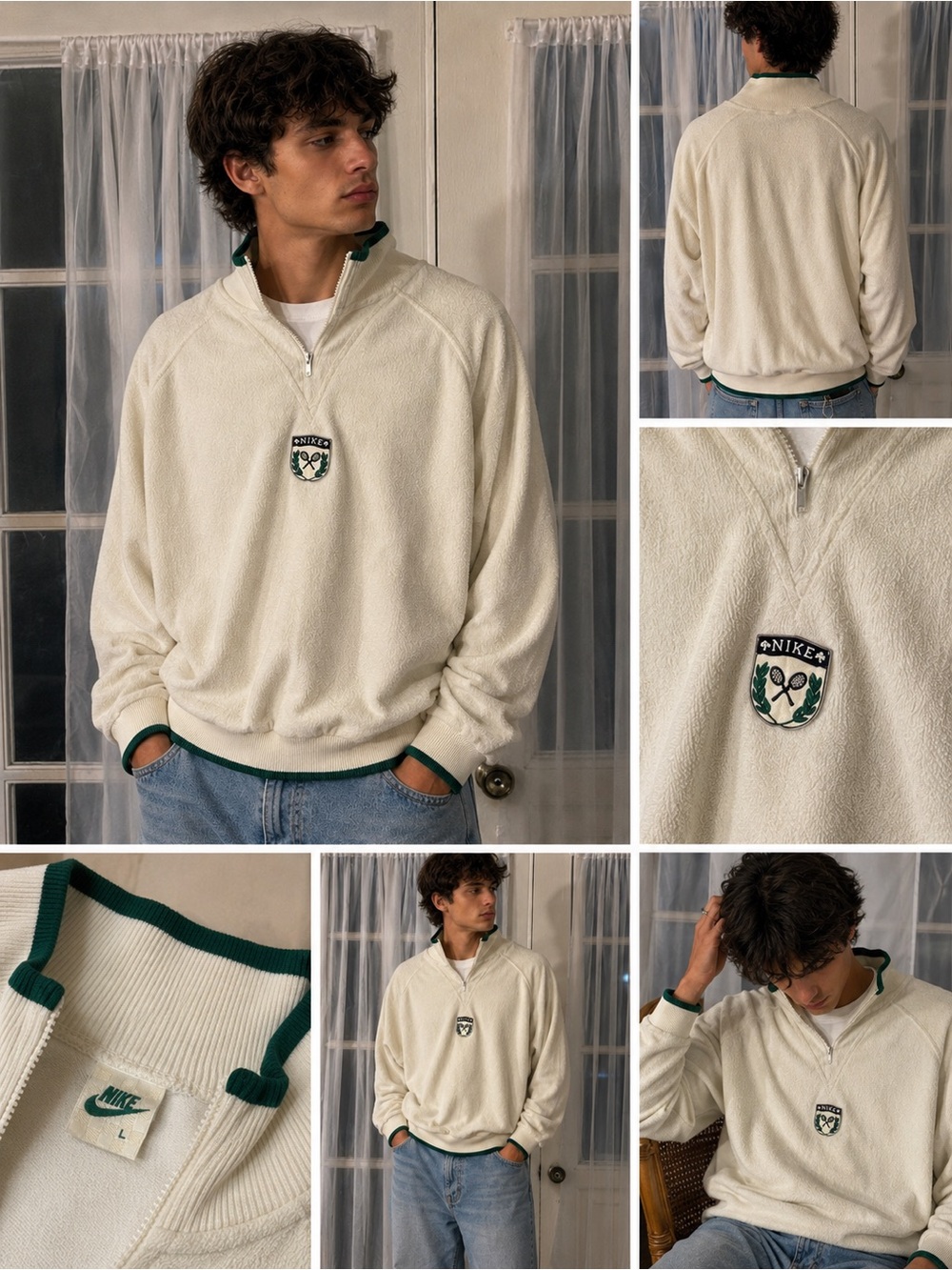 Vintage Nike Terry Cloth Tennis Quarter Zip Sweatshirt Men’s Large White 24” P2P